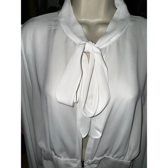 Fashion Nova White Long Sleeve Tie‎ Neck Blouse XL Zipper Waist Sexy Secretary - Picture 3 of 8